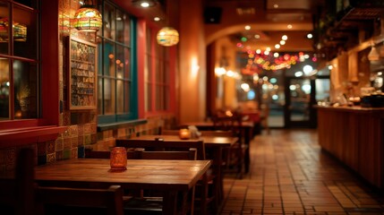 A cozy Mexican restaurant interior with warm lighting, evoking comfort and authentic charm.