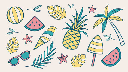 Vibrant Summer Icons, Tropical Fruits, Beach Fun, and Sunny Essentials for Seasonal Designs