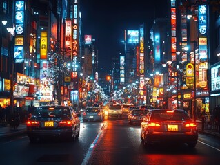 Fototapeta premium City street at night with bright neon lights and cars driving.