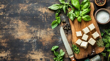 Wooden board with tofu cubes, fresh herbs, vintage knife, and rustic kitchen background