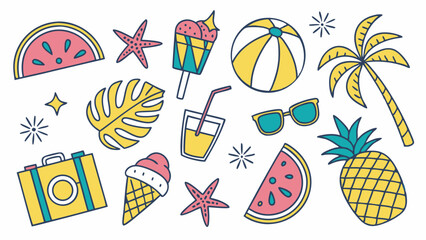 Vibrant Summer Icons, Tropical Fruits, Beach Fun, and Sunny Essentials for Seasonal Designs