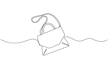 Elegant fashion woman leather handbag in sketch style Continuous One Line Drawing, Continuous one line drawing of women's hand bag. Lady's bag single line art vector illustration. Editable vector.