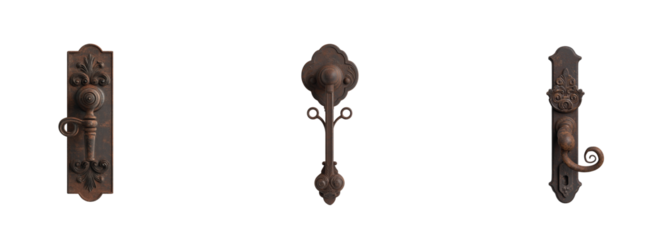 Antique iron door handles with intricate patterns and elegant scroll designs