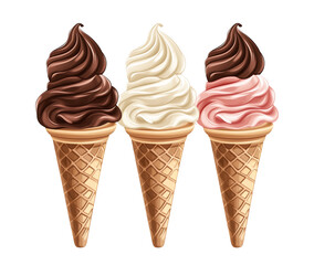Three ice cream cones with different flavors isolated on a transparent background