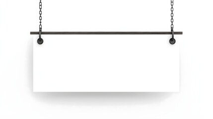 Blank white rectangular hanging sign with black metal bar and chains isolated on white background, copy space.