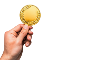 Closeup view of a shiny gold medal or trophy in a hand representing accolades success and recognition for exceptional performance or accomplishment