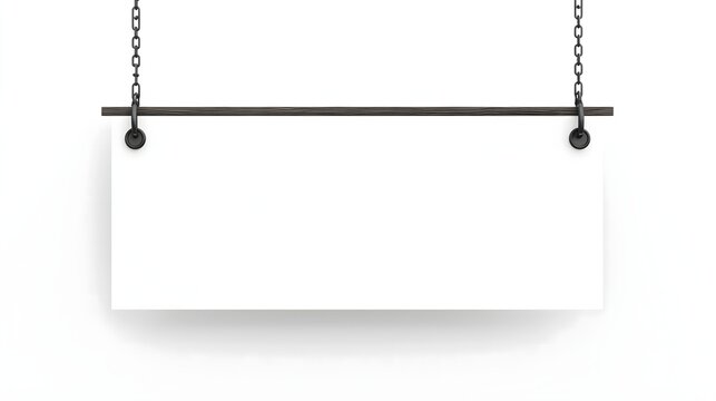 Blank white rectangular hanging sign with black metal bar and chains isolated on white background, copy space.