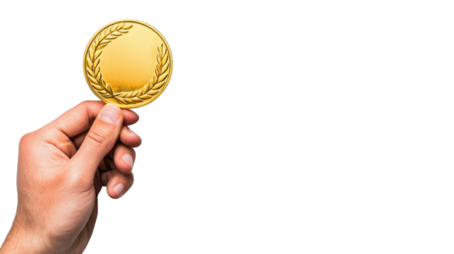 Closeup view of a shiny gold medal or trophy in a hand representing accolades success and recognition for exceptional performance or accomplishment