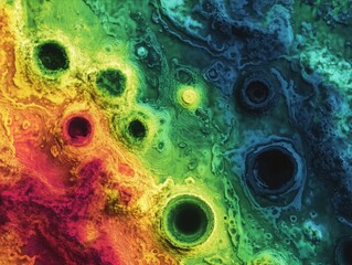 Abstract, colorful image of impact craters in an extraterrestrial landscape, reminiscent of a planet's surface, or perhaps even an alien world.