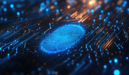 Glowing fingerprint on a circuit board, representing digital security (2)