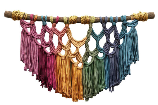 Rainbow Macrame Wall Hanging Boho Decor vibrant yarn tassels on a wooden on transparent background