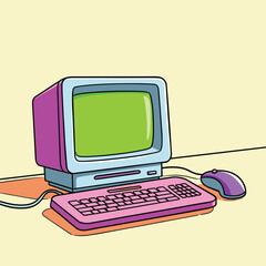 An old computer with a pink keyboard, and mouse, set on a vintage yellow background.