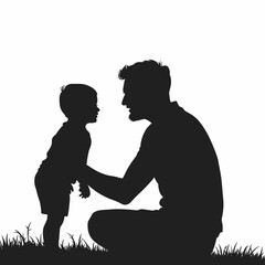 Father and child together in silhouette form, bonding and enjoying a moment, standing on grass.