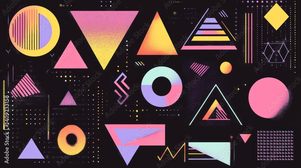 Poster vibrant geometric abstraction featuring triangles circles and linear elements against a dark backdro