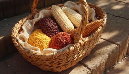 Various colorful corn cobs in hues of red, yellow, and white displayed in a woven basket resting on adobe step, prepared for ancestral offering in celebration