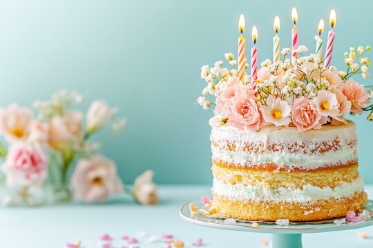 Pastel floral round happy birthday cake with burning candles, pink and white flowers decoration. Perfect for spring party invitations, celebration cards, or bakery branding.
