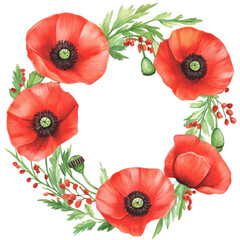 Radiant Poppy Wreath: A stunning watercolor composition of vibrant red poppy blossoms artfully arranged in a circular wreath, symbolizing remembrance and natural beauty.