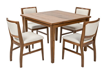 Contemporary Cafe Table with Four White and Brown Chairs and Wine Glasses.