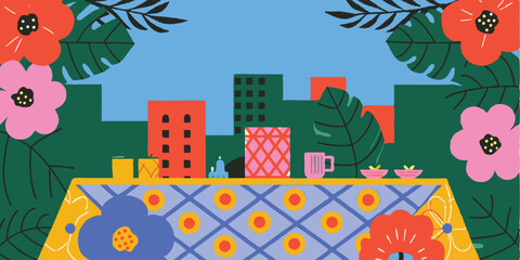 A delightful garden party table adorned with floral centerpieces, geometric tablecloth patterns, and butterfly accents, framed by a lush leafy arch.