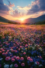 Obraz premium Flower field at sunset with mountains in the background and colorful sky.