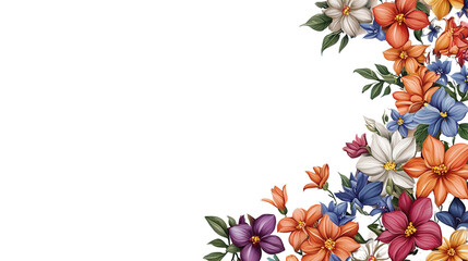 Fototapeta premium Colorful and lush floral bouquet arrangement featuring a variety of blooming flowers such as daisies tulips hibiscus and orchids set against a clean white background for a fresh and elegant aesthetic