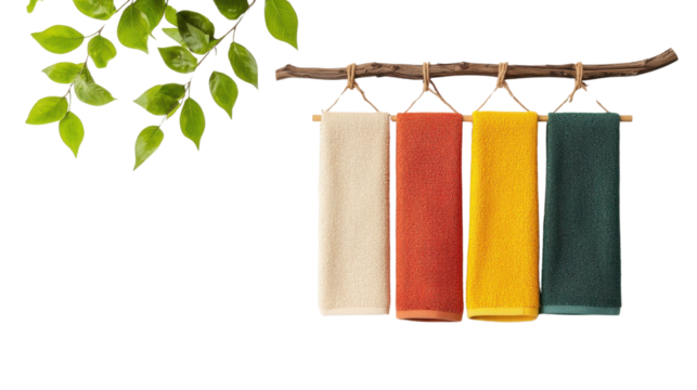 Serene display of soft eco friendly towels in muted colors hanging from a natural wooden branch surrounded by lush green leaves creating a calming harmonious and sustainable aesthetic