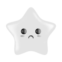 3D cartoon white star emoticon character with sad facial expression isolated on a white background. Concept for mental health, mood, empathy, communication, childish. Vector illustration of 3d render.