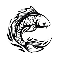 Intricate Black and White Fish Silhouette Design with Detailed Scales and Fins Shape