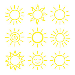 A collection of nine different hand-drawn yellow sun icons with varying styles and details, perfect for sunny themes. Sun icons set. Vector illustration
