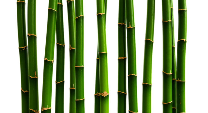 A close up shot of several green bamboo stalks against a black background in a studio setting