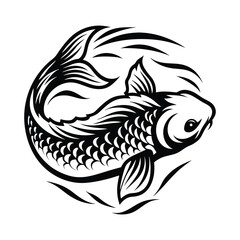 Black and White Koi Fish Design, Stylized Asian Fish with Intricate Scale Patterns