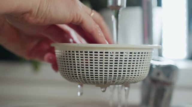 Close up hand view of woman rinsing blackberries in white strainer under running tap water, droplets falling through holes, water streaming over fresh berries during washing process