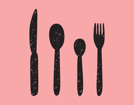 silverware spoon, tablespoon and teaspoon, fork and knife textured grunge icon silhouette set. 