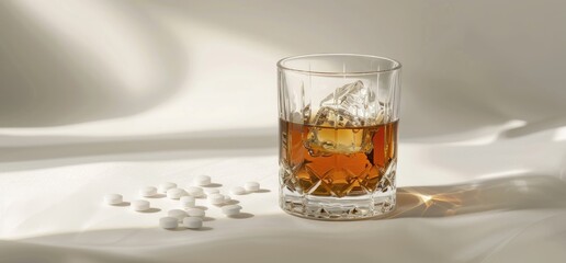 A glass of whiskey and pills on a white background, in a high resolution photographic style, as a stock photo, for commercial advertisement purposes