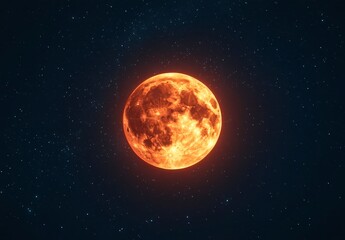 Obraz premium Bright Orange Moon Surrounded by Starry Night Sky in Darkness