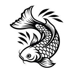 Decorative Monochrome Koi Fish Illustration, Traditional Japanese Style Isolated