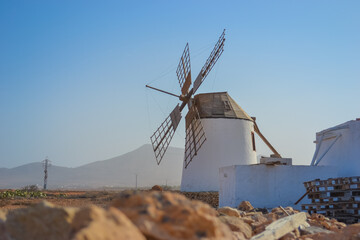 Spain, Fuerteventura, 16.12.2024: Windmills on the island that are being tried to be preserved due to their historical importance