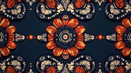 there is a blue and orange wallpaper with a flower design