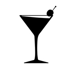 Minimalist black silhouette of a classic martini glass with olive on toothpick