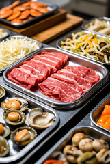 A slice of beef, seafood, vegetables, and other arranged on a tray.