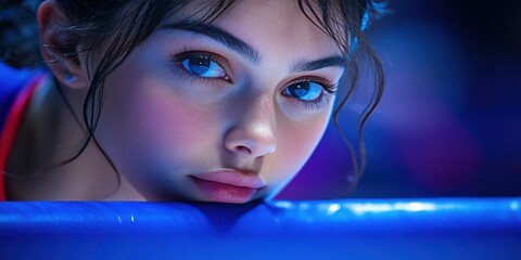 A woman with blue eyes and red sleeves is laying on a blue surface