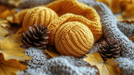 Autumnal knitted balls and leaves