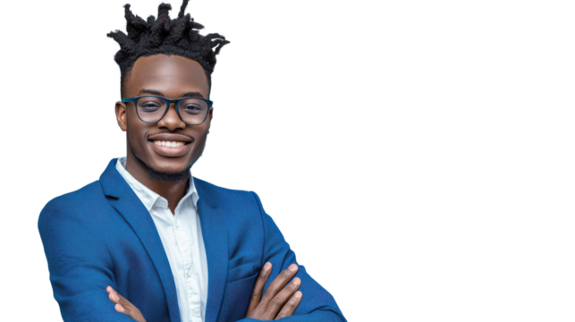 Portrait of a smiling well dressed young African man displaying a confident and intelligent demeanor in a professional setting