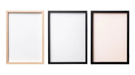 Framed Artwork Showcase: Three empty frames stand ready to display art, each with a distinct color and design, providing a versatile backdrop for creative expression.