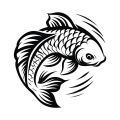 Black and White Koi Fish Swimming Silhouette Intricate Scales, Flowing Fins Detail