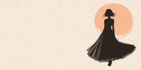 Flyer with silhouette of woman in dress against peach circle on beige background