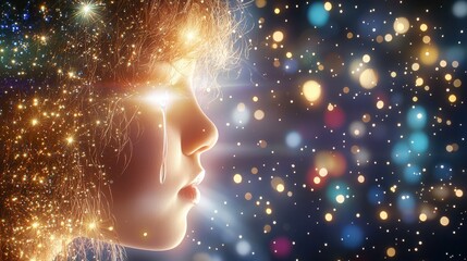 Emotional reflection of a crying woman cosmic background hyperrealistic portrait dreamlike atmosphere close-up view artistry