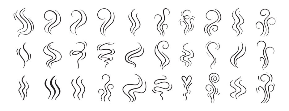 Fire steam or Line smoke doodle hand drawn set. smell waves from food or coffee and beverages sketch style.