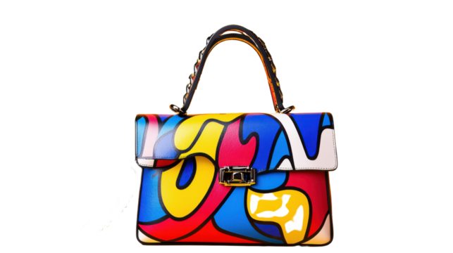 Stylish and eye catching abstract patterned handbag in a bold vibrant color palette showcasing a modern and creative fashion accessory