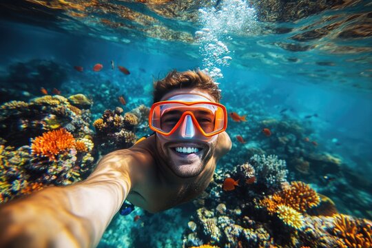 Underwater selfie, vibrant coral reef, smiling man snorkeling